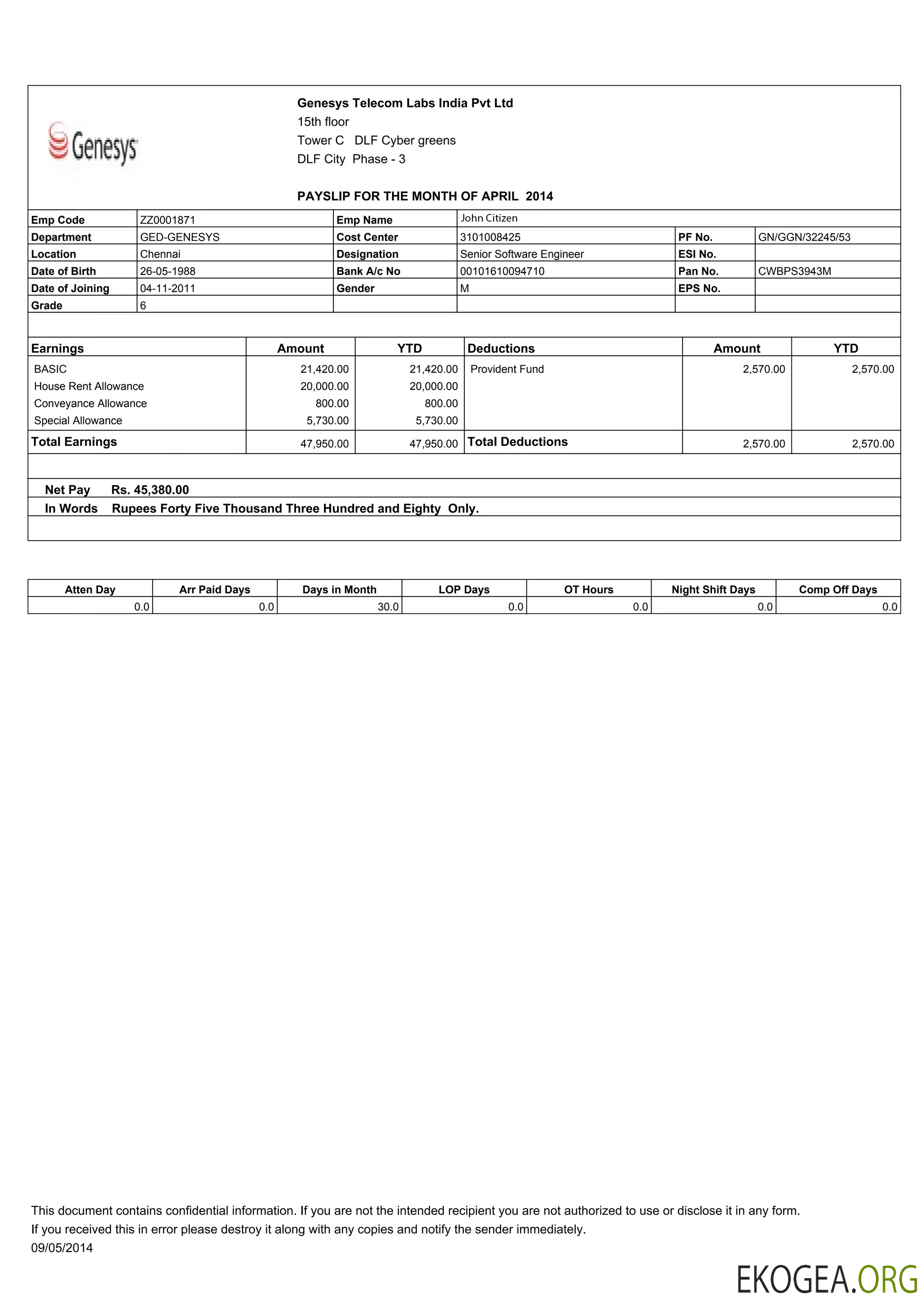 INDE GENESYS Telecom Labs India Pvt Ltd Fiche de paie aux formats Word et PDF